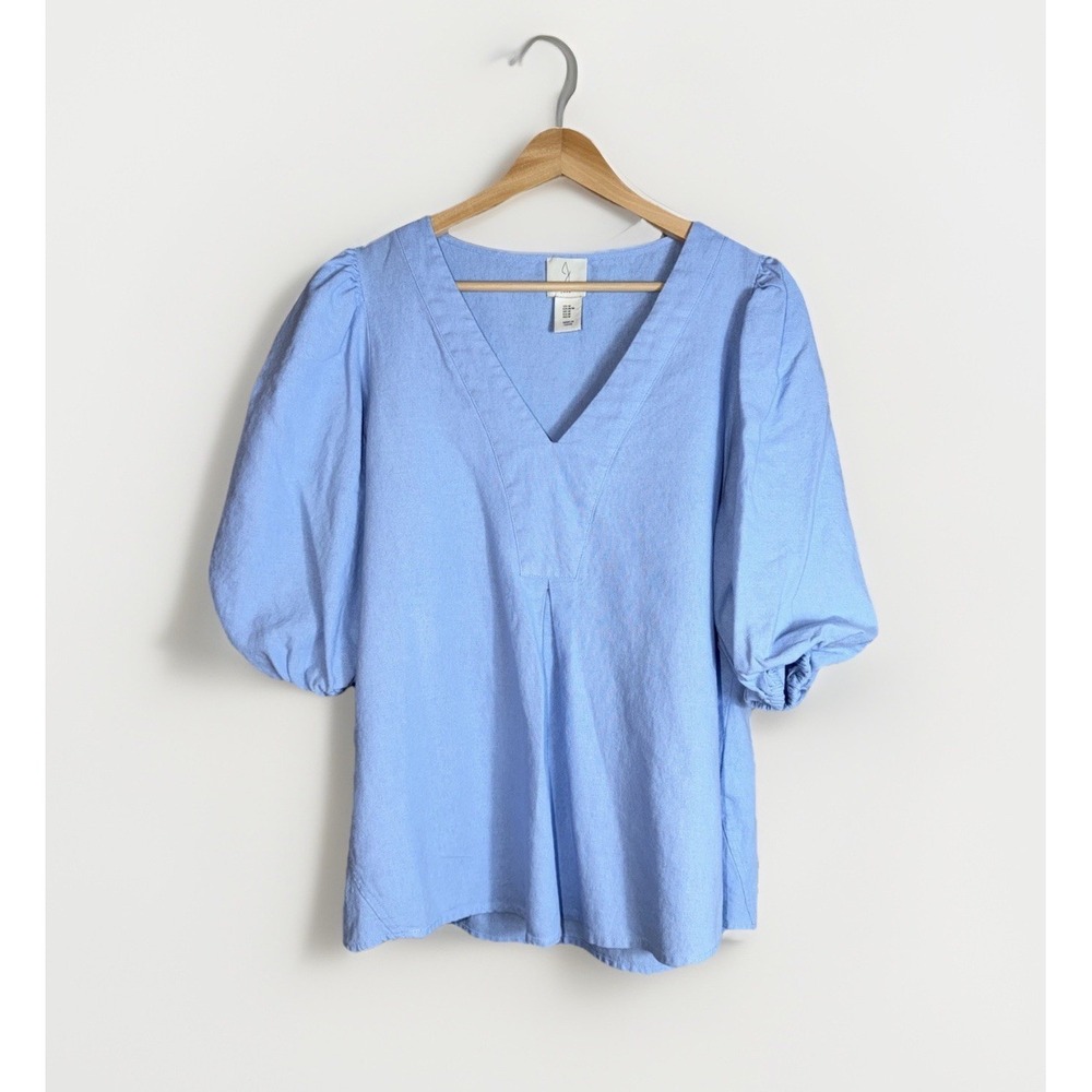 Joie Women's Linen Blend V-Neck Blouse Size Medium Puff Sleeves Powder Blue